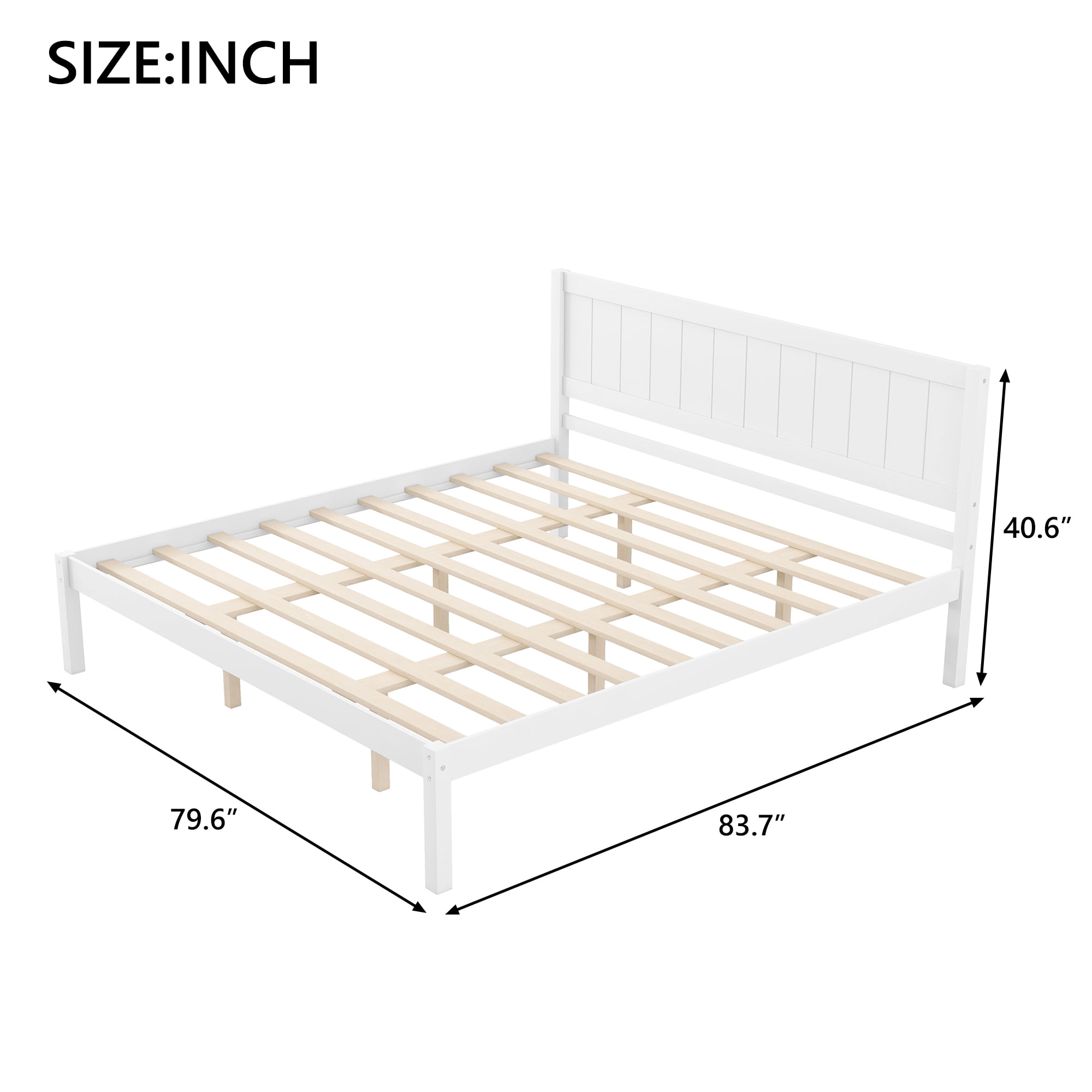 Leumius King Size Platform Bed Frame with Headboard, Wood Slat Support, No Box Spring Needed for Bedroom Guest Room White