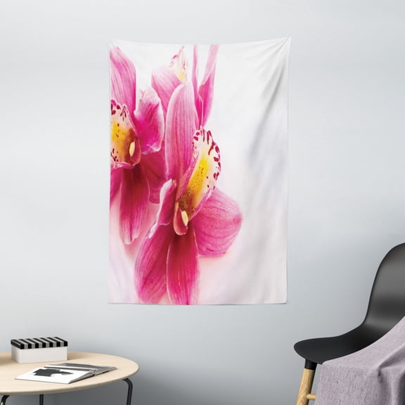 Dark Pink Tapestry, Close up View of Detailed Flourishing Orchids Feminine Vibes, Wall Hanging for Bedroom Living Room Dorm Decor, 40W X 60L Inches, Hot Pink Orange Pale Pink Ruby, by Ambesonne