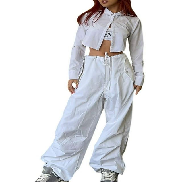Women Casual Trousers with Solid Color Elastic Waist Drawstring Loose Version Summer Clothing