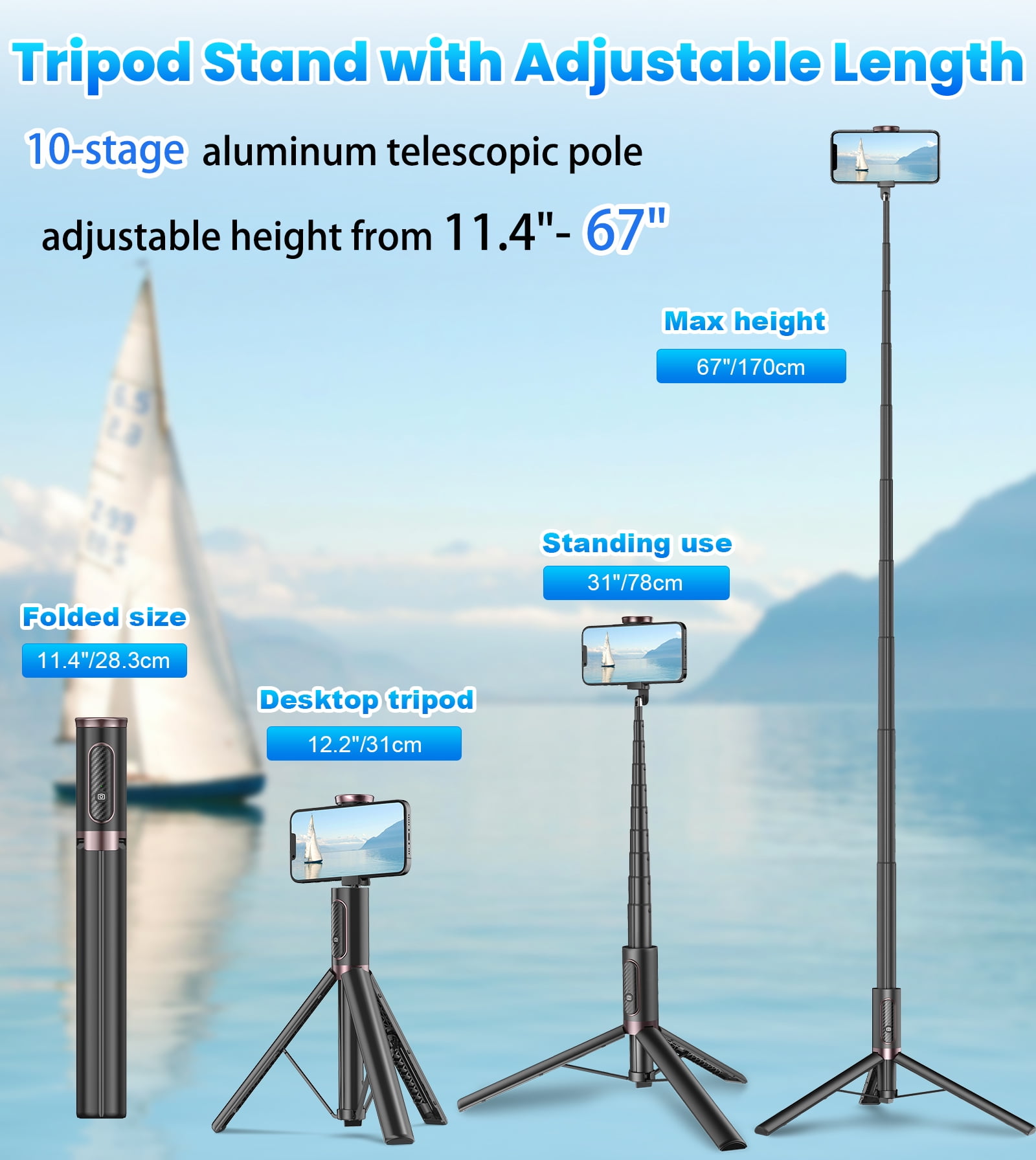 TONEOF 67" Phone Selfie Stick Tripod Stand All-in-1Portable with Integrated Wireless Remote for iPhone/Android(Black)