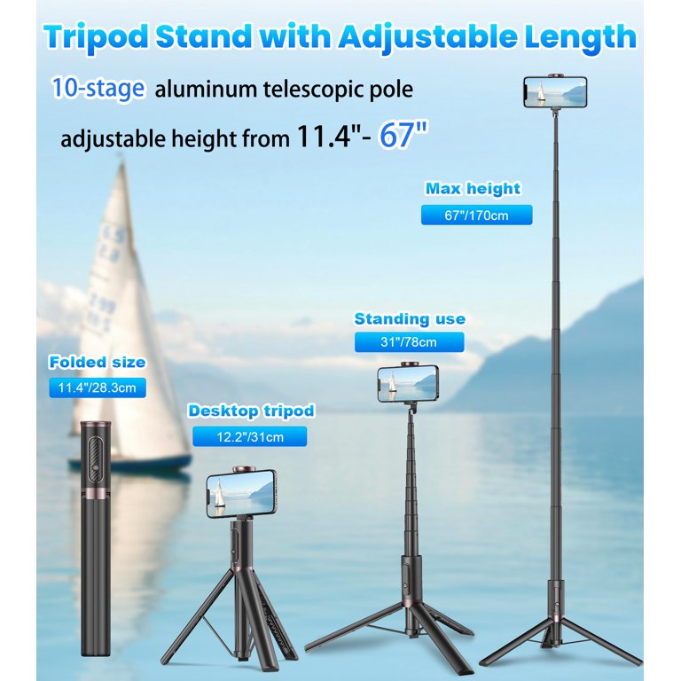 InnotechSC 67'' Adjustable Selfie Stick Tripod Remote Control With Flash Light Tripod For IPhone Android, GoPro Portable Travel Video Recording/Live