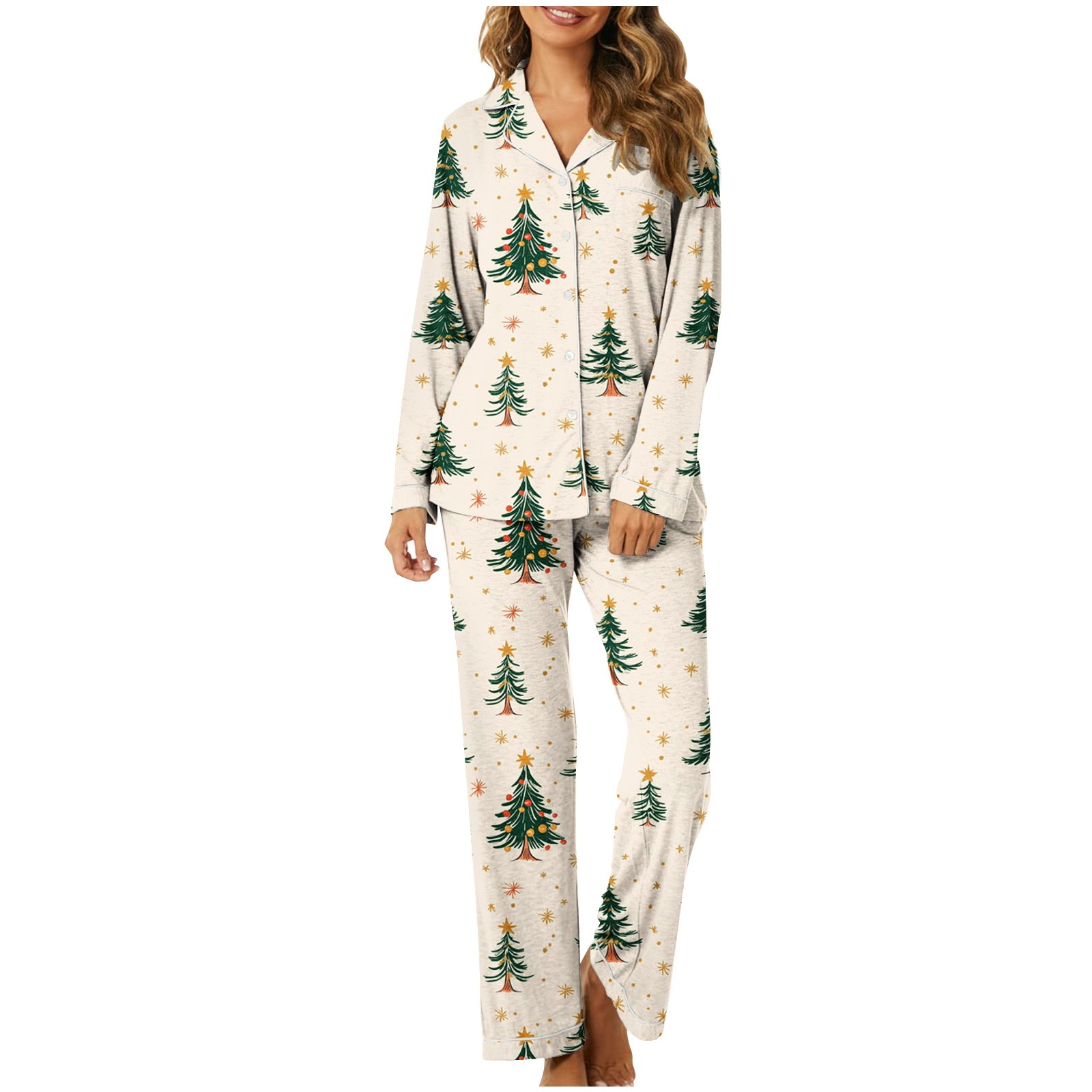 Tnhcen Holiday Womenβs Christmas Tree Print Pajama Set Long Sleeve Button Front Pajamas Pants Soft Elegant Loungewear Pjs Home Clothes S-3XL