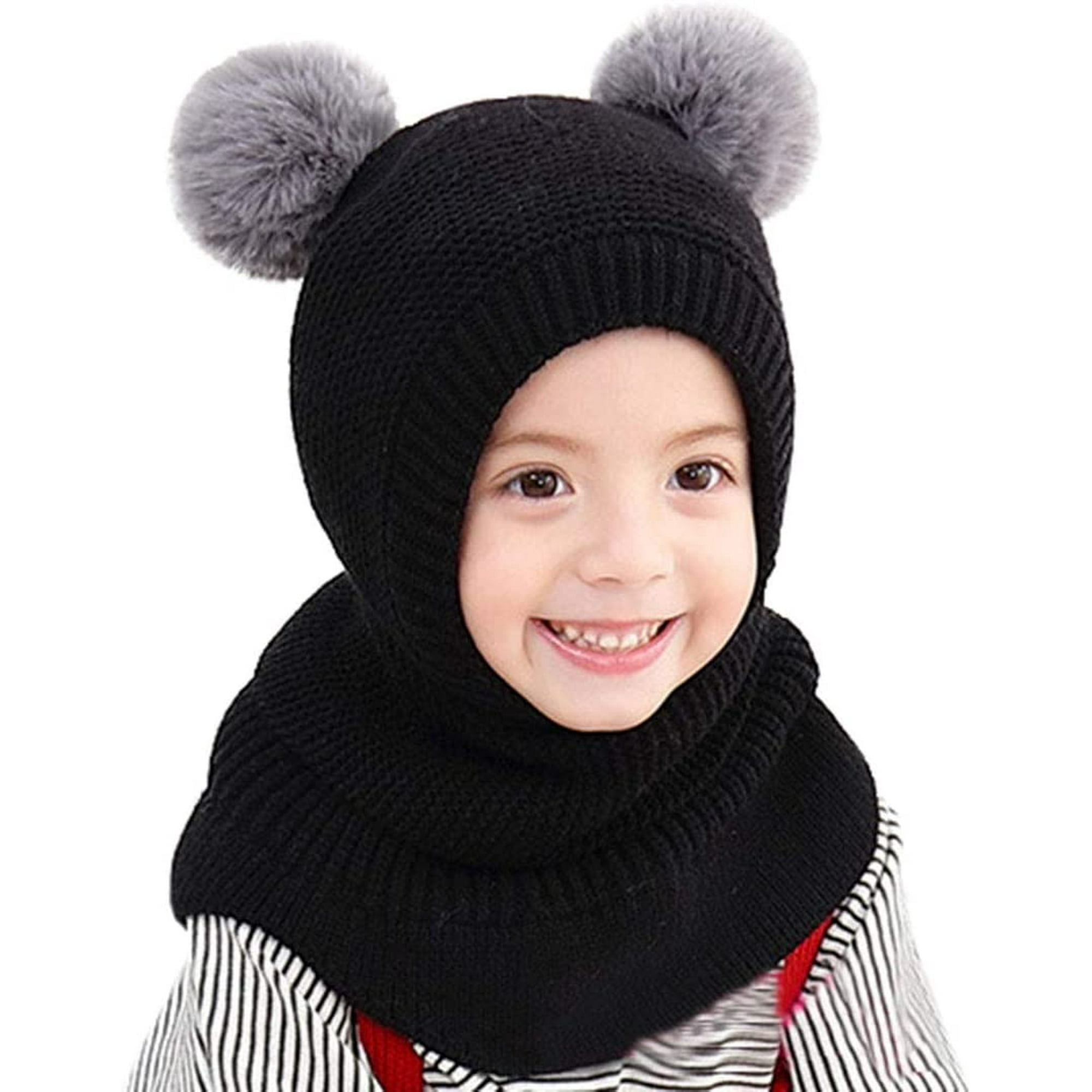 Bebe Fille Garcon Cagoule Mignon Bonnet Echarpe Hiver Chaud Oreillettes Tricotes Chapeaux Enfant Double Pompon Cagoule Cagoule pour Ski Snowboard Noir Walmart
