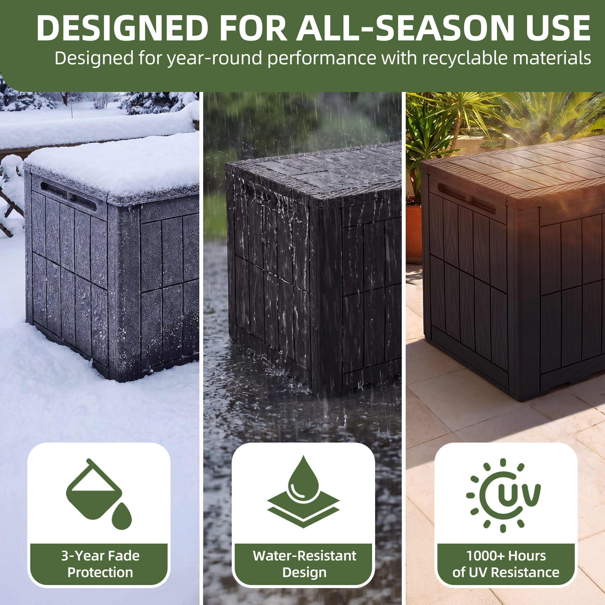 Uforic 110 Gallon Outdoor Deck Box, Waterproof Resin Lockable Storage Box, Patio Bench with Seat, Outdoor Storage Container for Garden Tools, Pool Supplies and Patio Cushions, Dark Brown