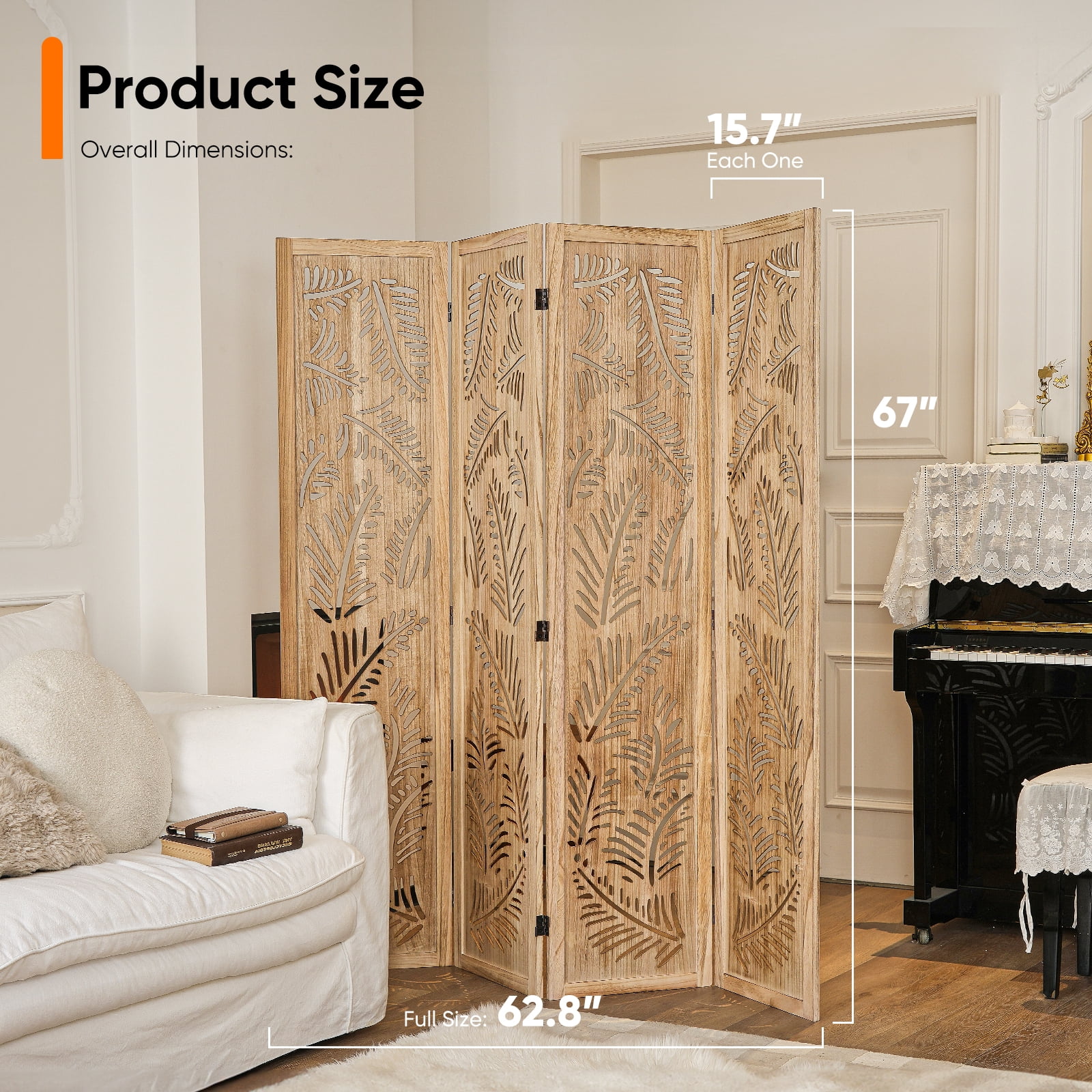 Jostyle 4 Panel Solid Wood Room Divider Privacy Screen - Freestanding Folding Partition with Feather Openwork Design, Paulownia Wood Frame Natural, No Assembly for Living Room, Bedroom, Office