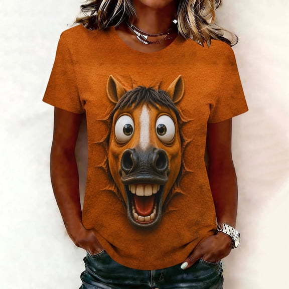 Women's Casual Graphic Tees Funny Smiling Horse Face 3D Print T-Shirts Short Sleeve Round Neck Tops Summer Lightweight Novelty Animal Blouses for Everyday Wear