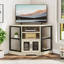 Farmhouse Corner TV Stand for Living Room, TV Stand for 55 Inch TV, Entertainment Center with Storage and Power Outlet, TV Console Cabinet, White Oak