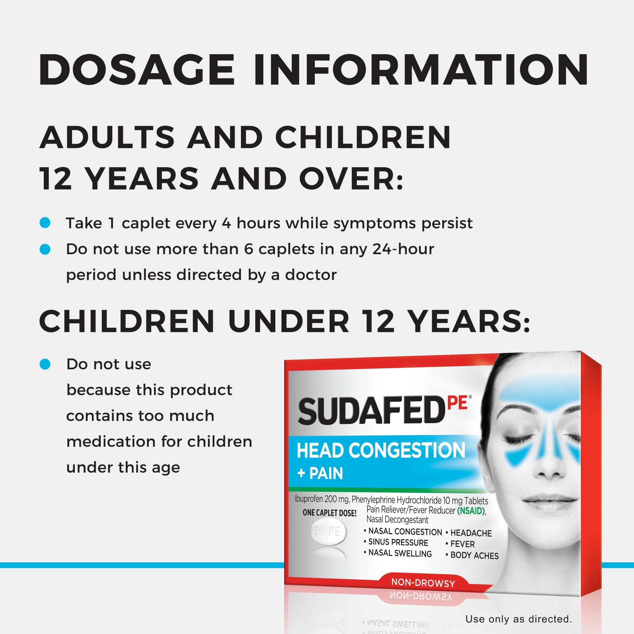 (3 pack) Sudafed PE Non-Drowsy Head Congestion + Pain Relief Caplets, 20 Count