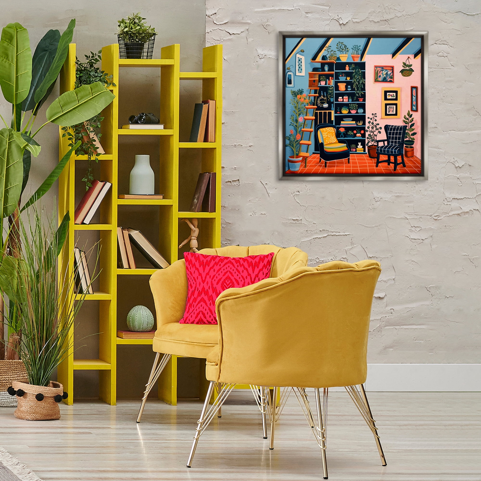Stupell Industries Bookshelf Scene & Plants Furniture Painting Gray Floater Framed Canvas Art Print Wall Art, 25 x 25