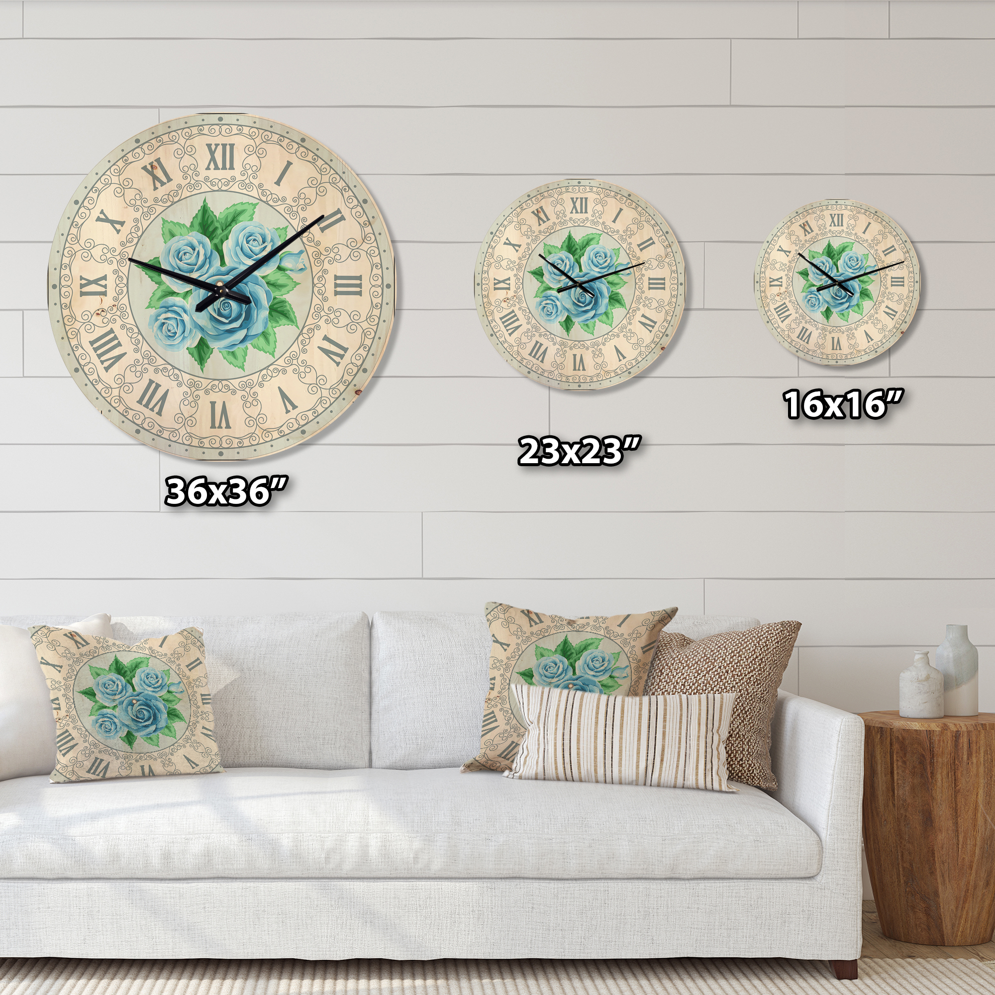 Designart 'Blue Roses With Green Leaves Shabby Chic Vintage ' Modern Wood Wall Clock