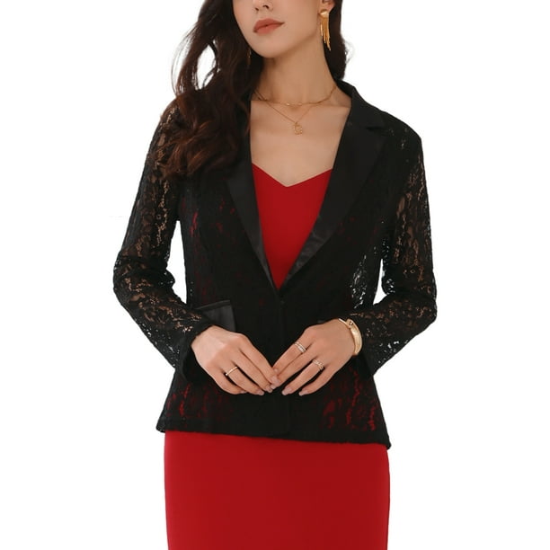 BLAZER DE LINO FLORAL PARA MUJERES CHIC CON SOLAPA Y UN BOTÓN, MANGA LARGA, CASUAL, NEGRO