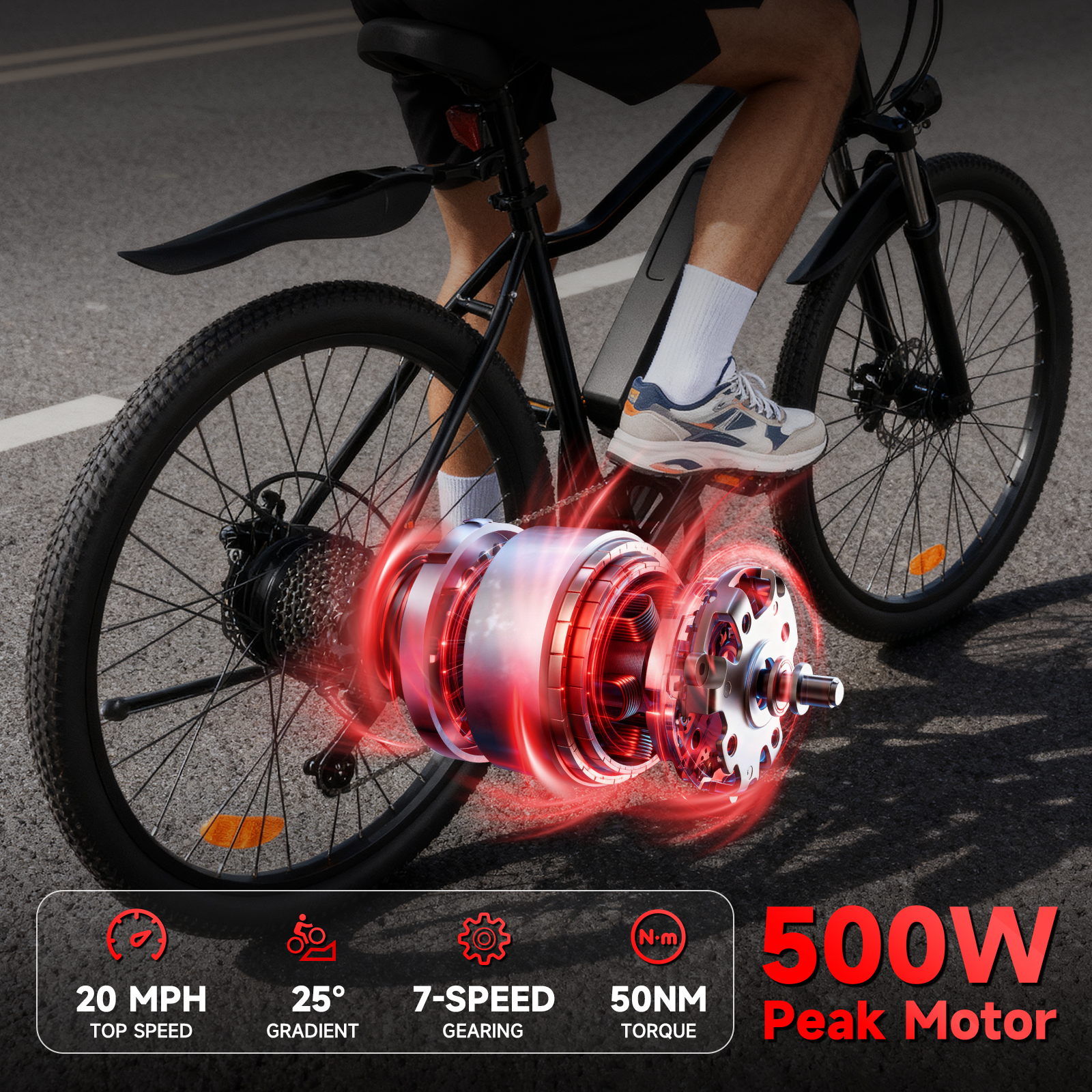 FlyORO 26in Electric Bike for Adults,500W Mountain Electric Bicycle with 13Ah Removable Battery,Front Damping System,Black