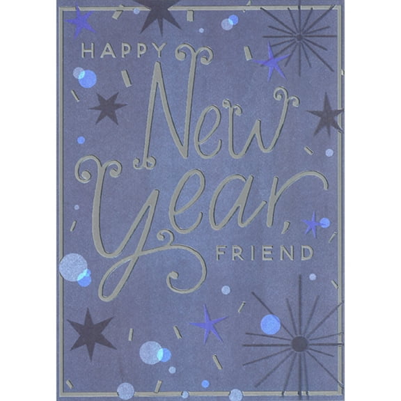 Designer Greetings Silver Foil Lettering and Confetti on Blue Background New Year Card for Friend