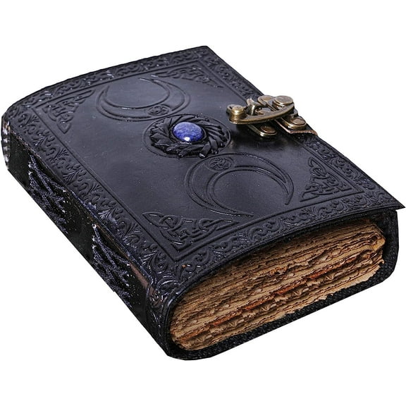 Vintage Leather Journal Semi Precious Witch Stone Black Triple Moon Design-Lock Closure, 200 Antique Deckle Edge Blank Paper-Book of Shadows, Grimoire Journal, Witch Journal for Men and Women 7x5 Inch