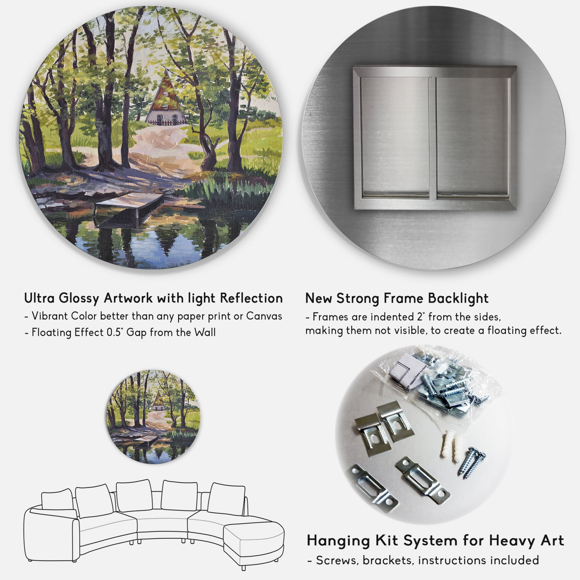 Designart 'Mysterious Countryside House By The River In The Woods' Lake House Circle Metal Wall Art 11x11 - Disc of 11