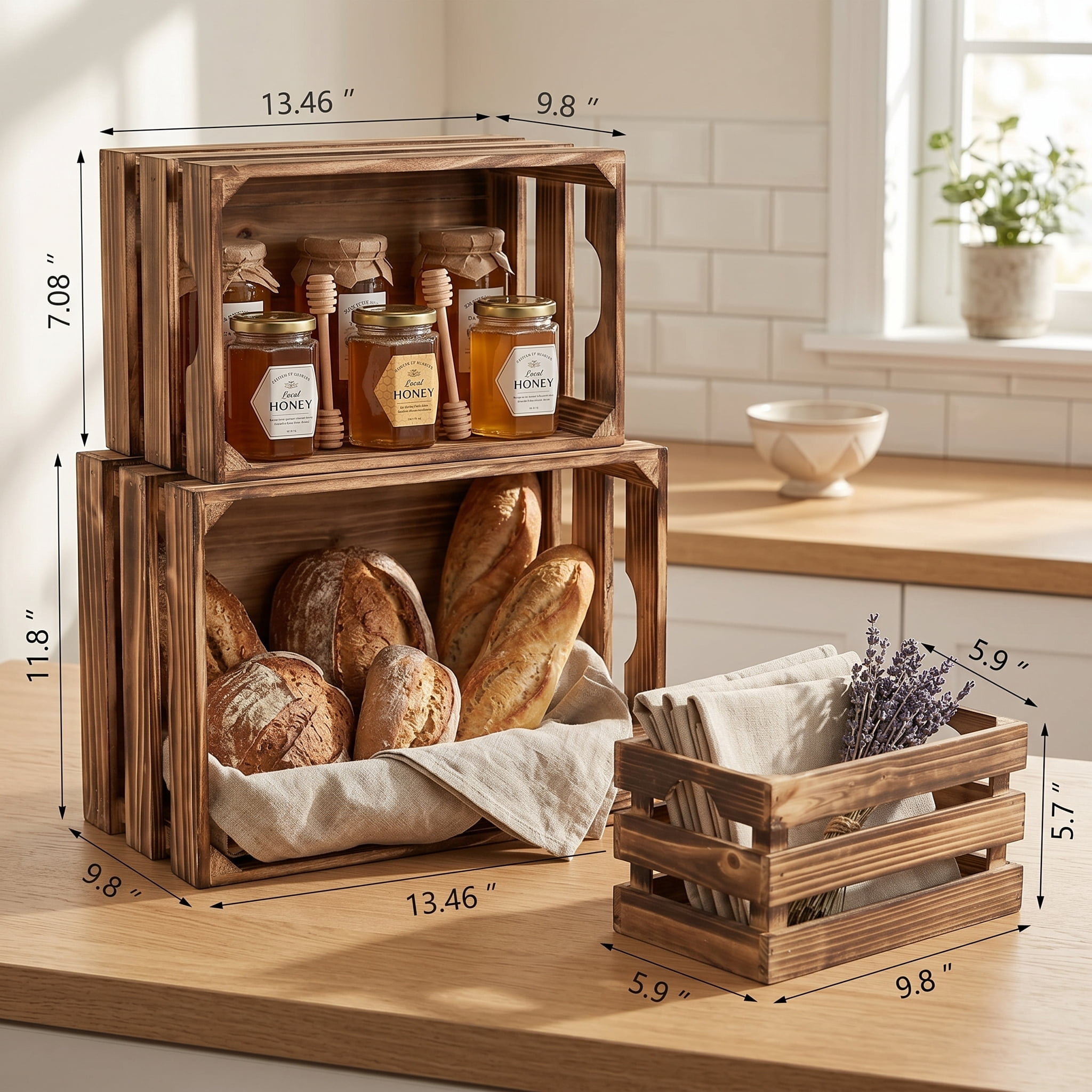 EMAX HOME Rustic Wooden Crates Set with Handle – 3 Sizes for Home Organization – Vintage Decorative Box for Storage, Display, and Crafts