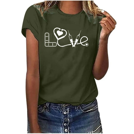 

Blouses for Women Dressy Casual Women Summer Crewneck Letter Print T-shirts Fashion Comfortable Female Blouses Tops Short Sleeve Oversized T Shirts for Women Army Green L