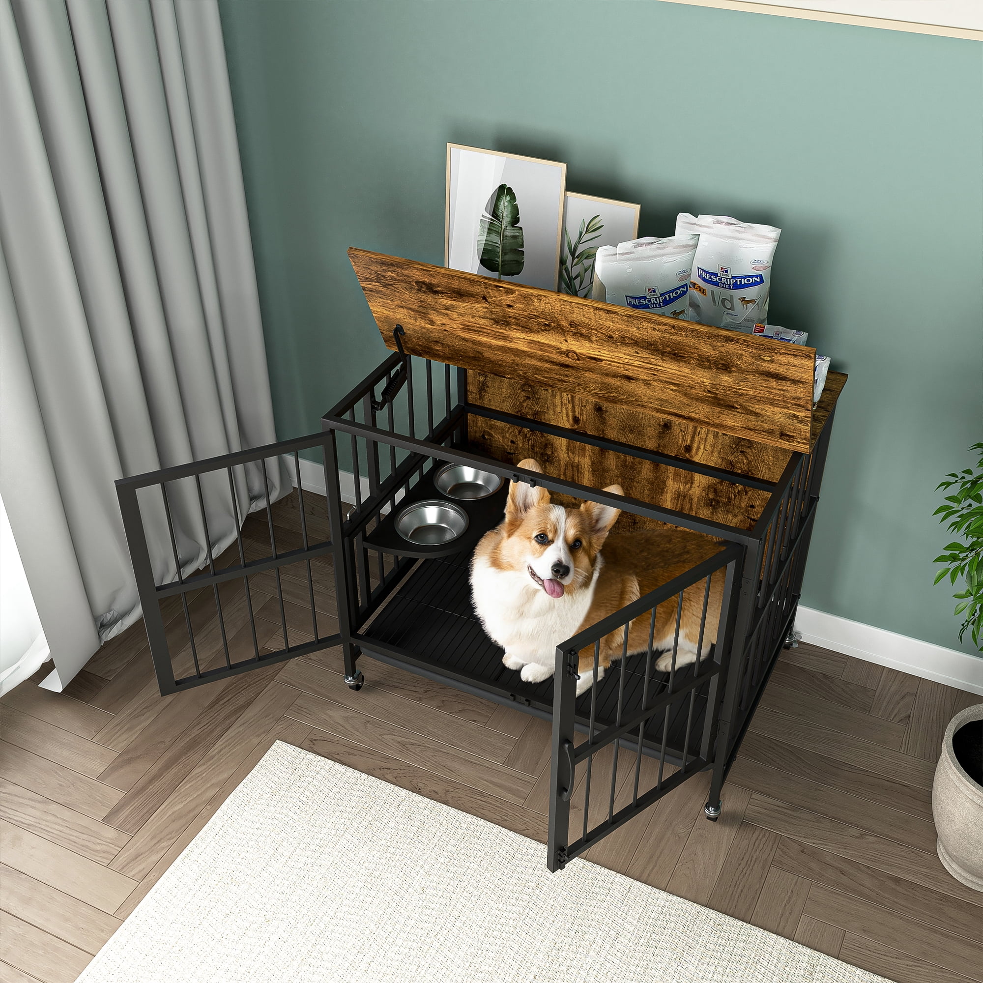 Hommoo Modern Kennel Dogs Room, Double-Door Dog House with Removable Tray, Lift Top, Adjustable Feeding Bowls, Dog Crate Cage for up to 60 lb, Brown