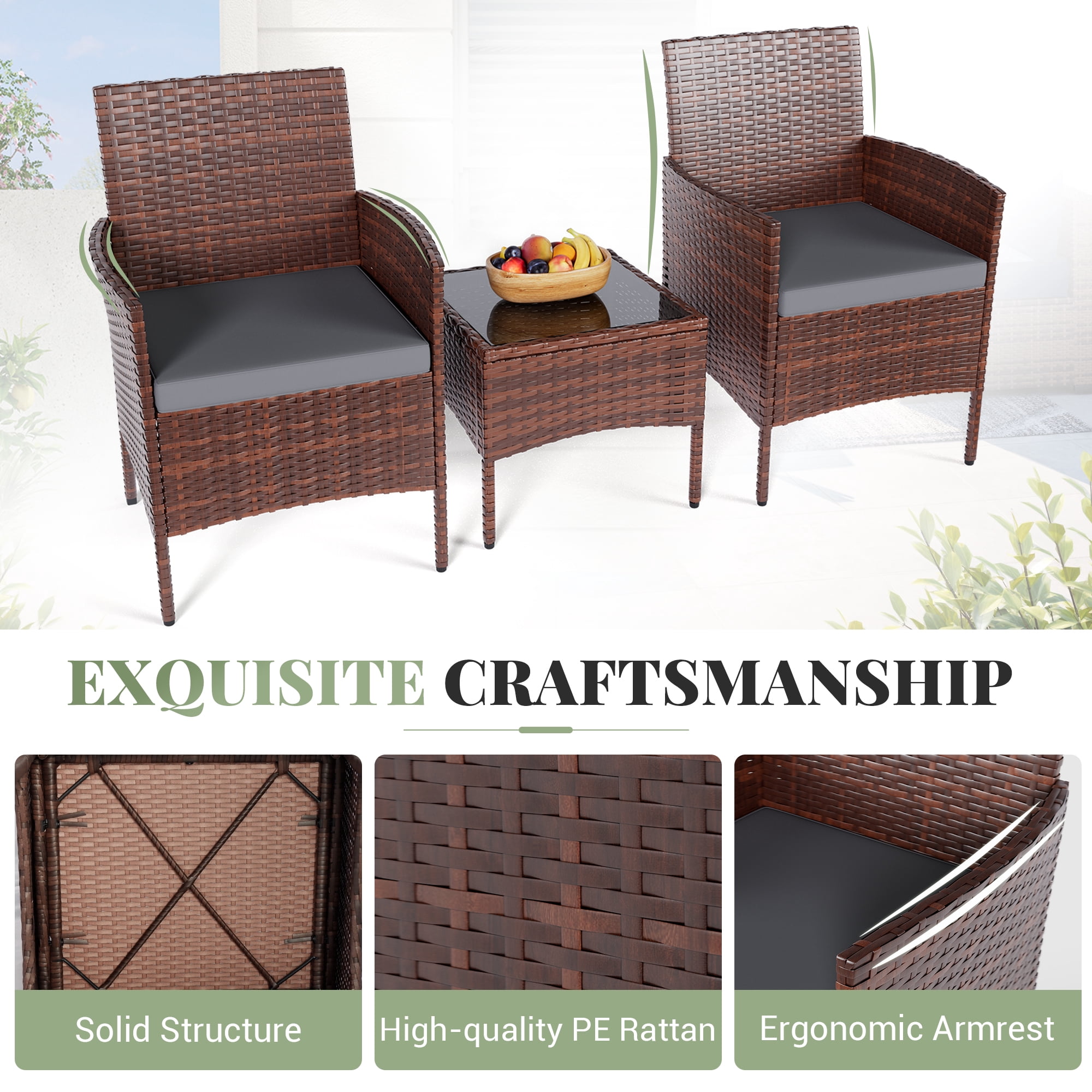 ELPOSUN 3 Piece Outdoor Patio Furniture Set  Bistro Set with Coffee Table, Wicker Rattan Conversation Sets for Backyard, Porch, Poolside (Grey)