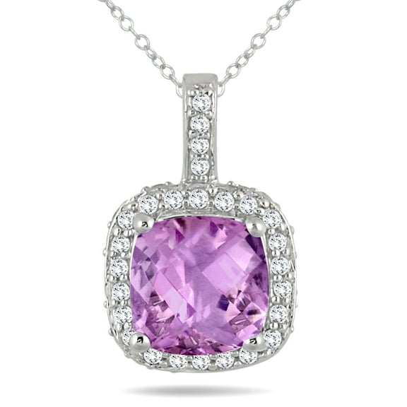 SZUL Women's 1 1/2 Carat Cushion Amethyst and Diamond Halo Pendant in 10K White Gold