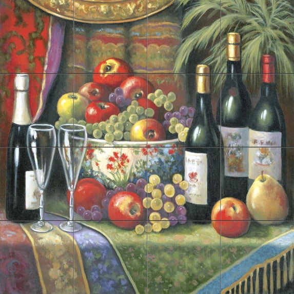 Tile Mural Kitchen Backsplash - Wine and Floral 1 - by John Zaccheo