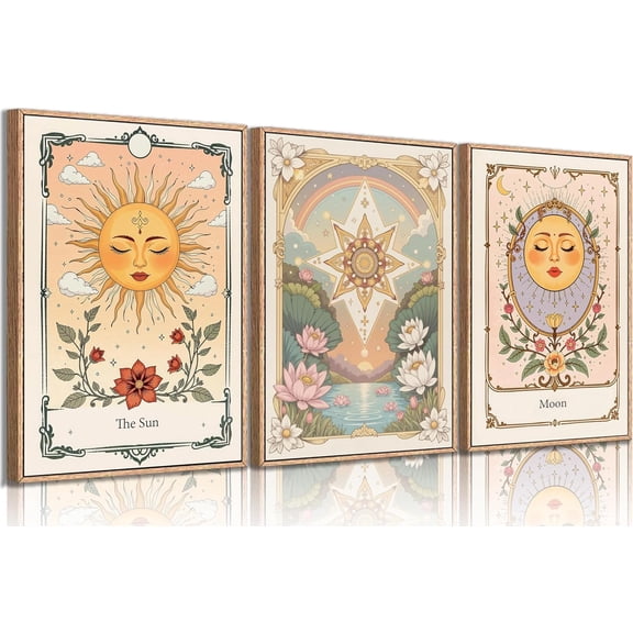 3pcs Sun And Moon Celestial Canvas wall art Tarot Astrology Paintings Pictures Wall Decor Boho Lotus Floral Posters Prints Artwork for Living Room Bedroom Dorm Apartment Home Unframed