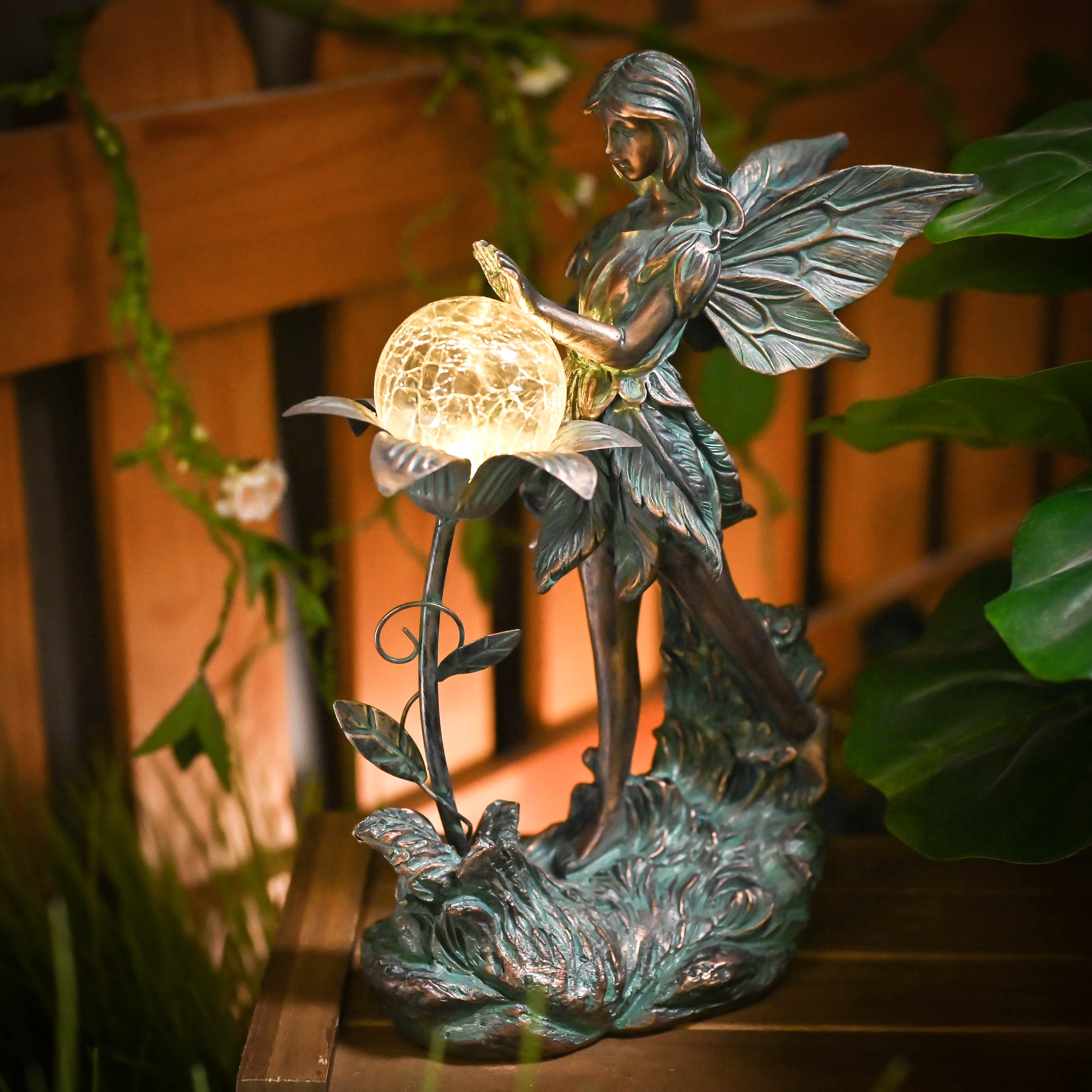 TERESA'S COLLECTIONS Garden Fairy Large Bronze Garden Sculptures & Statues Resin with Solar Outdoor Light, 11"