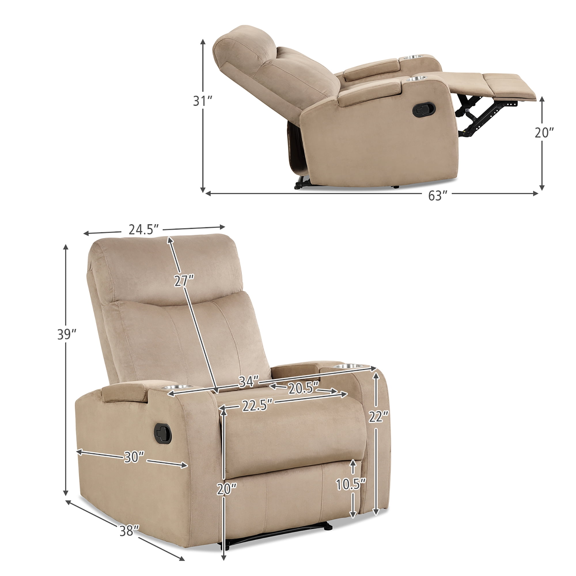 Costway Recliner Chair Single Sofa Lounger with Arm Storage & Cup Holder Brown