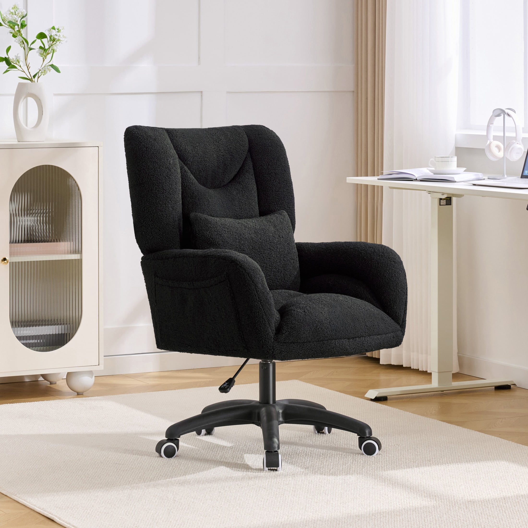 Noble House Sheila Teddy Fabric Swivel Office Chair, High Back Desk Chair with Lumbar Pillow & Storage Pockets, Black