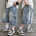 thumbnail image 2 of Gubotare Boys Girls Jean Shorts Elastic Waist Straight Leg Knee Length Denim Shorts Pockets Casual Summer School Jorts Size 13-14 (Blue,13-14 Years), 2 of 5
