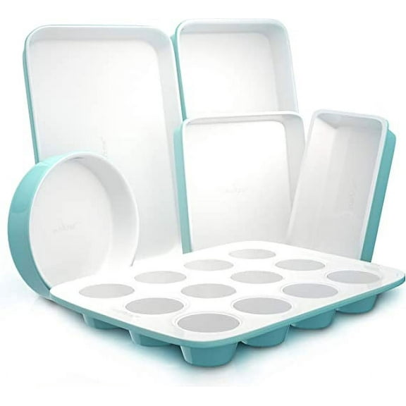 NutriChef 6-Pcs Non-Stick Kitchen Oven Baking Pans Sheets Set, Attractive Green & White Inside Pans