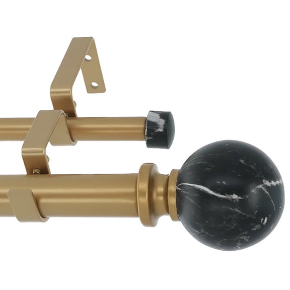 MERIVILLE 1" Double Curtain Rod Set, Adjustable 48–84 Inches, Black Marble Ball Finials, Royal Gold