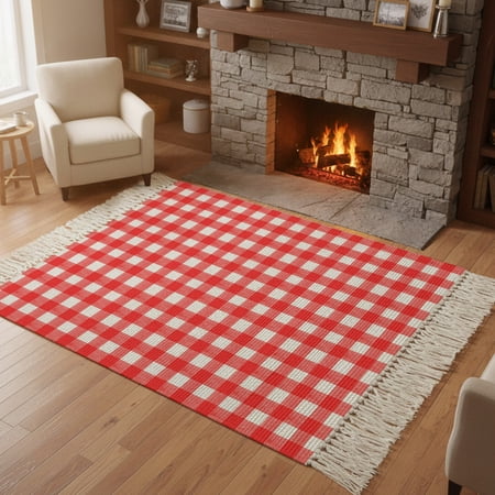 Kitchen Runner Rugs, Country Red Buffalo Plaid 4'x6' Throw Rug with Tassels, Classic Gingham Check Washable Soft Floor Carpet Runner for Hallway Bedroom Bathroom Laundry Room