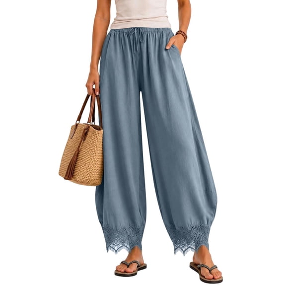 hoksml Women Lace Hem Cropped Harem Pants Drawstring Elastic Waist Loose Casual Trousers for Vacation Wear