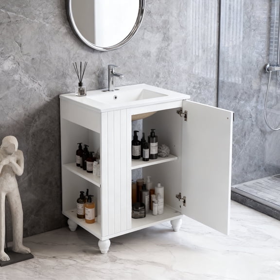 24" White Bathroom Vanity with Sink,Modern Bathroom Vanity with Side Open Shelves & Storage Cabinet,Soft Closing Door with 2-Tier Organizer for Small Bathroom