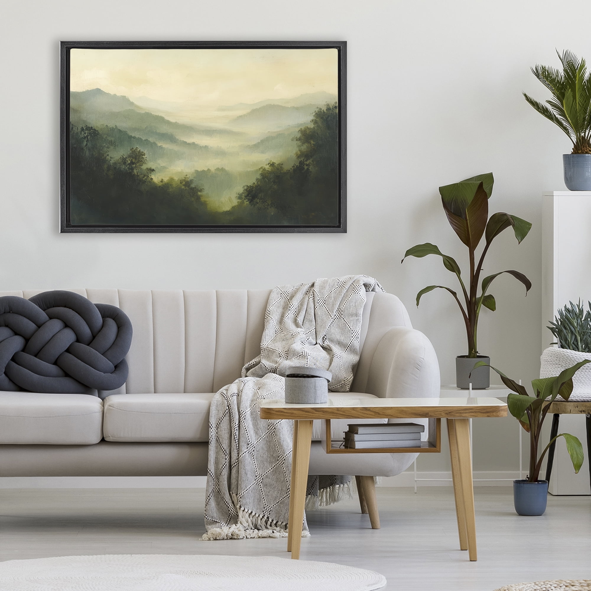 Through The Haze Landscape Black Framed Floater Canvas Wall Art, design by Petal Prints Design