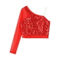 thumbnail image 3 of CHICTRY Kids Girls One Shoulder Sequins Crop Top Long Sleeve Jazz Hip-hop Costume Dance Tops Red 10, 3 of 7