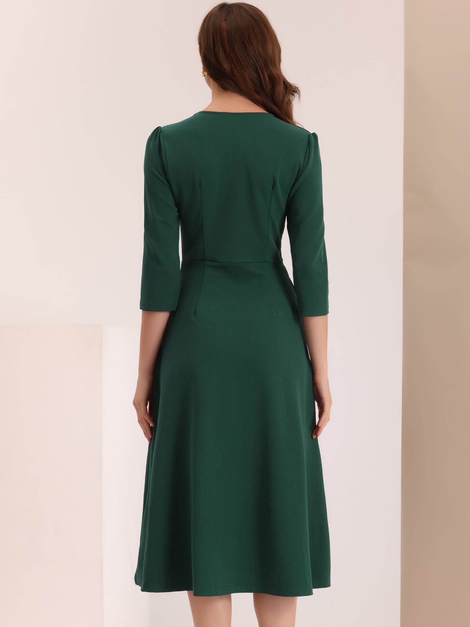 DARING DIVA Work Office Elegant 3/4 Sleeve V Neck A-Line Dress XS Dark Green