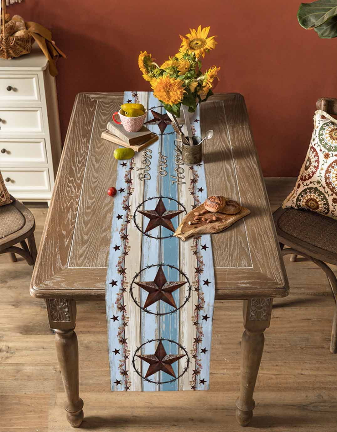 Country Star Blue Table Runner 70 Inches, Farmhouse Western Texas Star Barn Bed Runner Dresser Scarves Tabletop for Indoor Outdoor Parties/Ceremony/Banquet, 13" x 70"