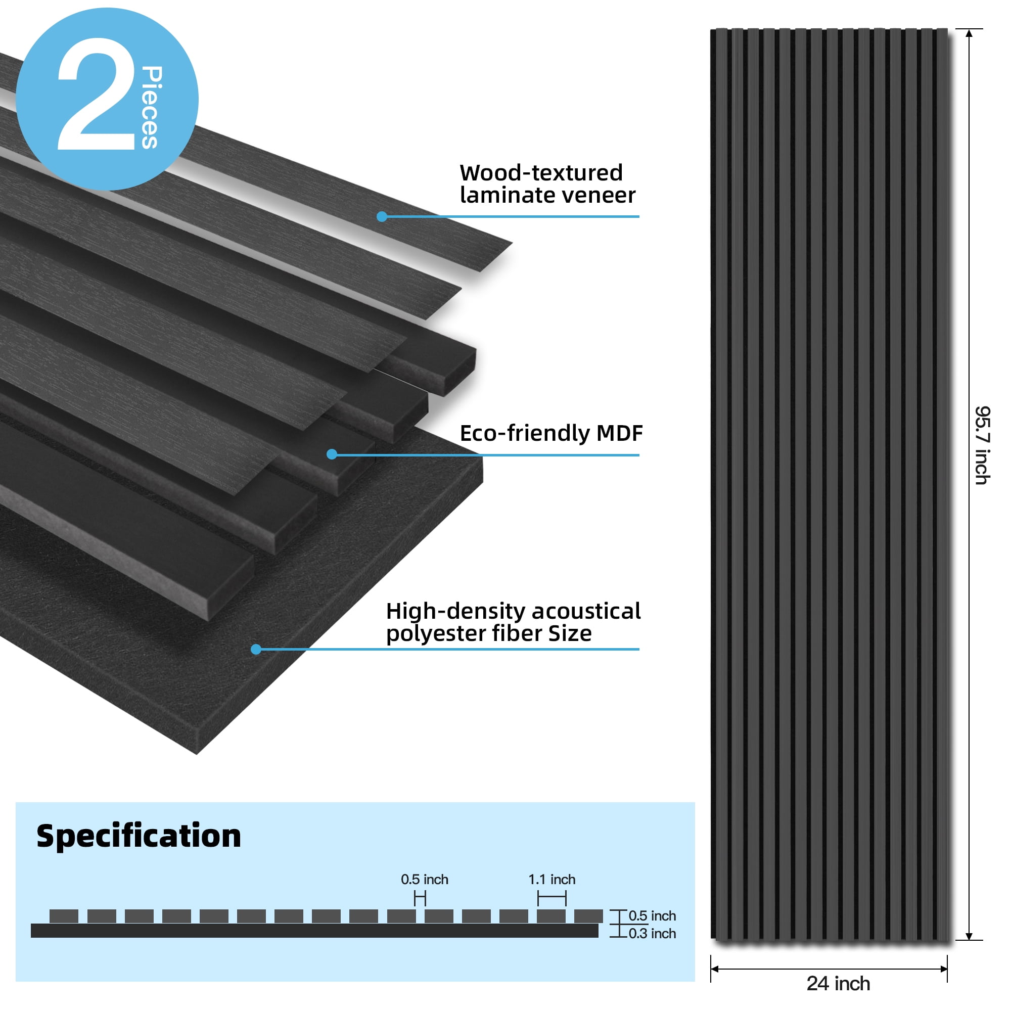 Art3dwallpanel 2PCS 95.7''x24'' Wood Slat Acoustic Panels, MDF 3D Decorative Wall Paneling,Black,31.9 sq.ft.