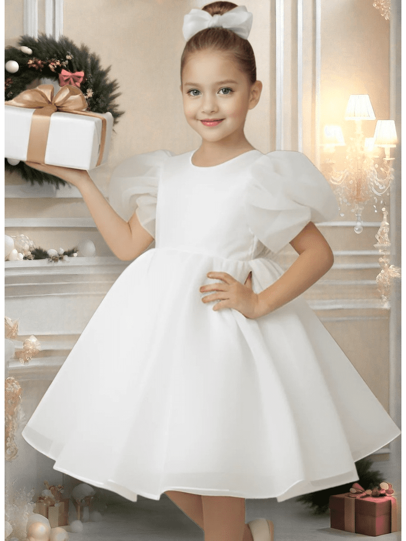 Flower Girl Dress Organza Toddler Dresses Puff Sleeve & Bow Bcak Girls Princess Dress for Wedding Birthday -Ivory-2Y