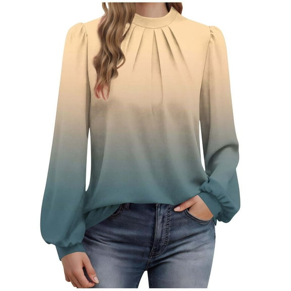 Lantern Sleeve Gradient Tops for Women Elegant Keyhole Back Business Casual Blouse Dressy Loose Ladies Office Shirts