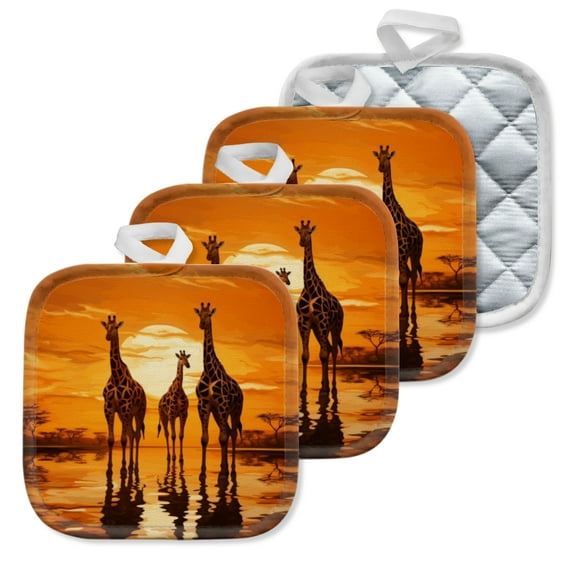 4 Pack Pot Holders,Kitchen Essential, Potholder Set,Three Giraffes At Sunset By The Water