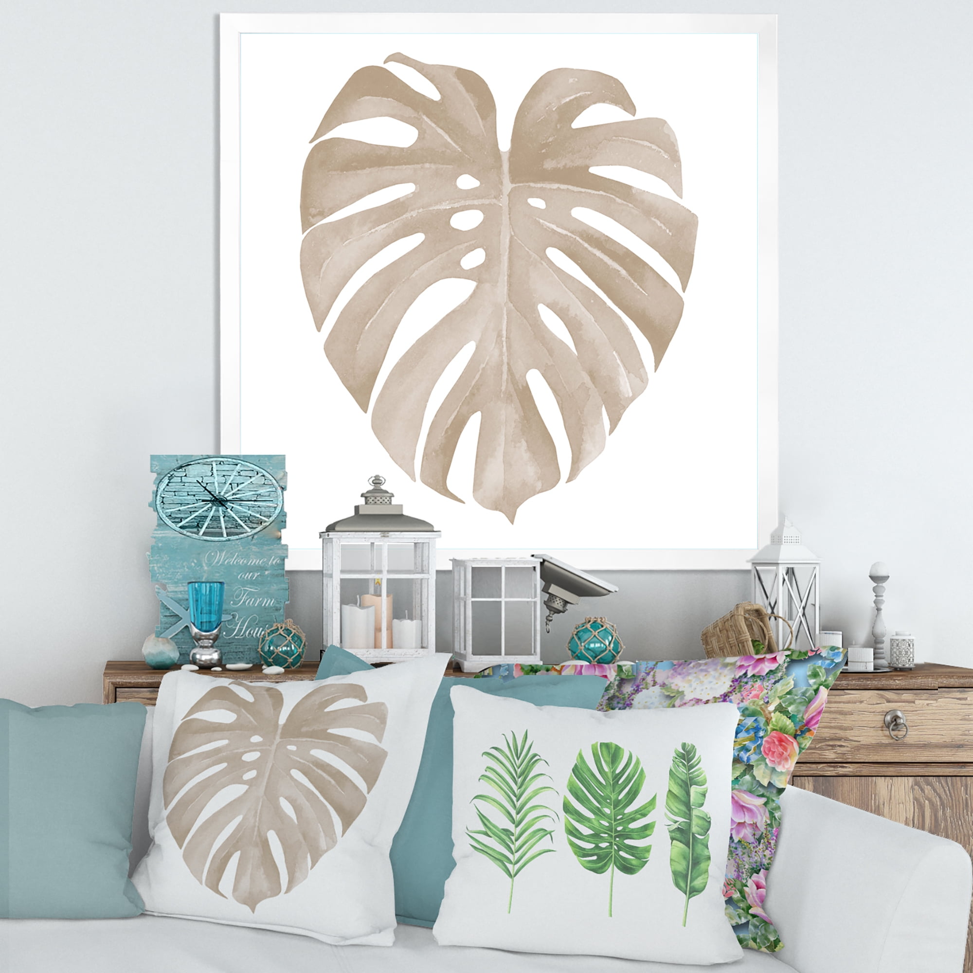 Designart 'Beige Ivory Pastel Monstera Heart Shaped Tropical Leaf' Traditional Framed Art Print