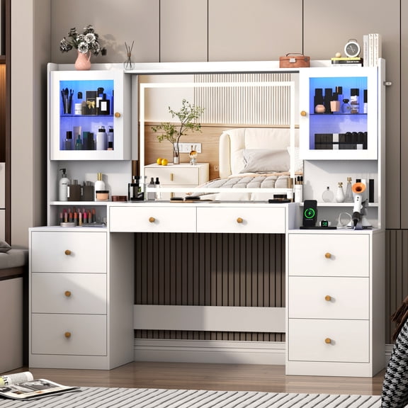 ChVans 62'' Large Vanity Desk with Tempered Glass Top, 60000-color LED Lights, Charging Station, White Makeup Vanity with 3 Lights Mode LED Mirror, 8 Drawers, 2 RGB cabinets for Women, Girls Gift