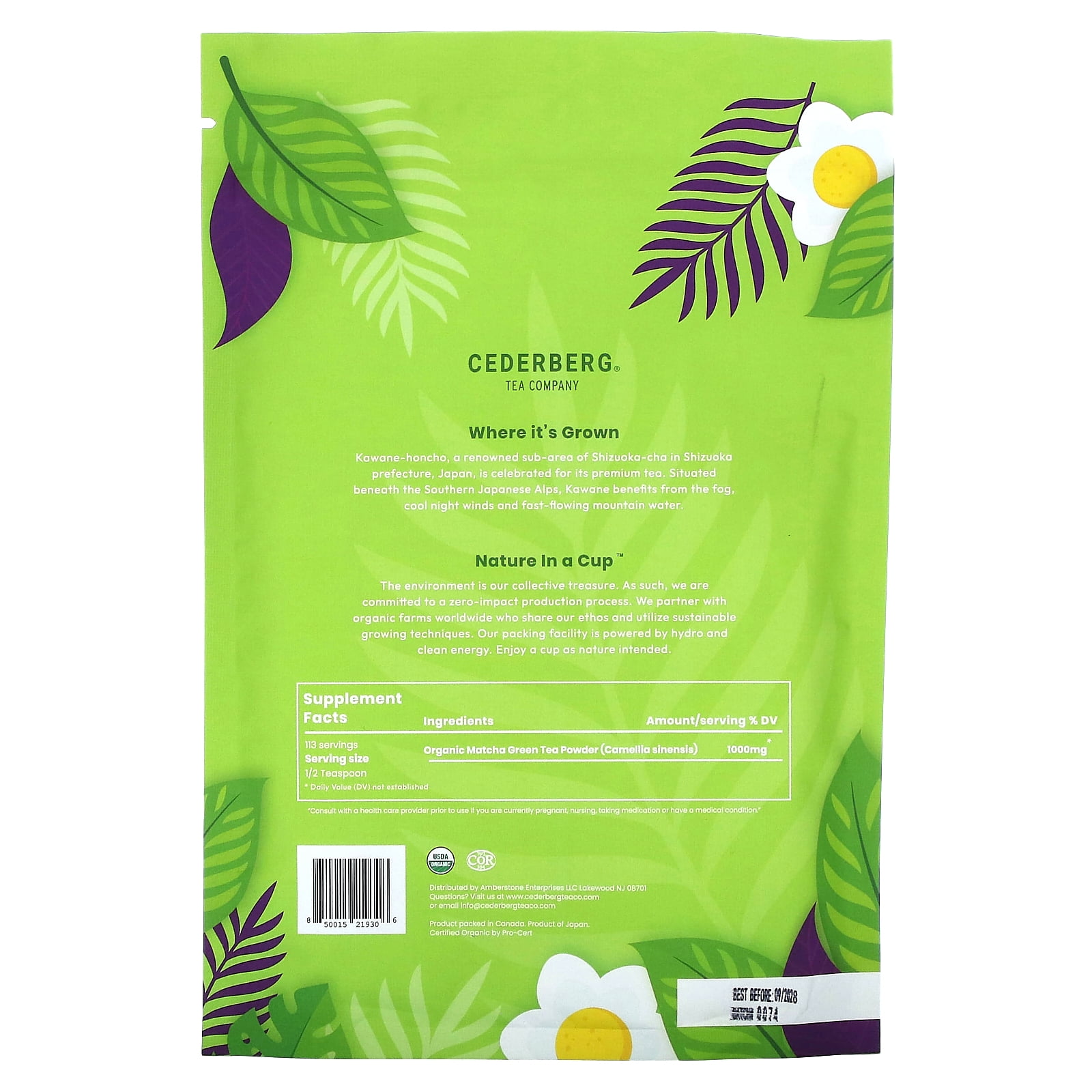 Cederberg Tea Company Organic Japanese Matcha Powder, 4 oz (113 g) | Premium Green Herbal Tea, Culinary Grade | Antioxidant-Rich, Non-GMO