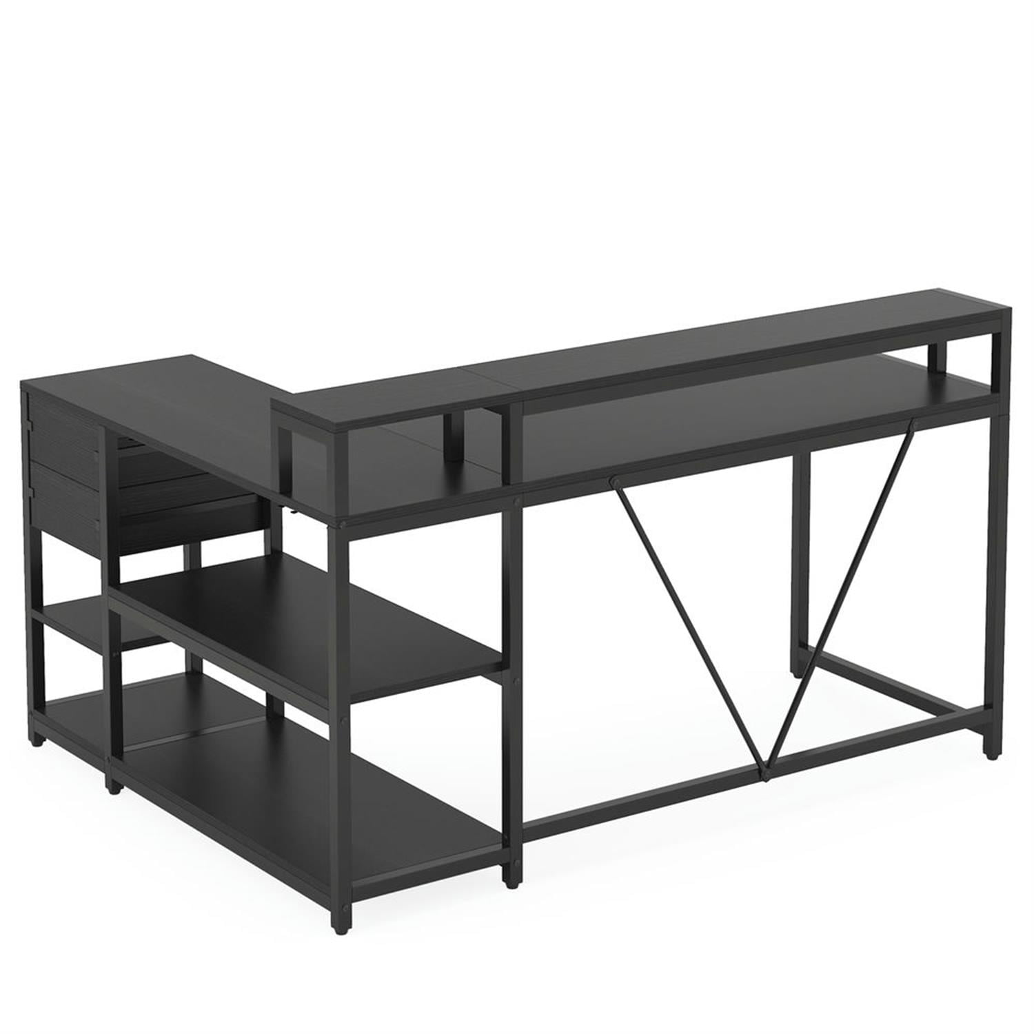 Demi Bonn Industrial L Shaped Gaming Desk, 55" Reversible Corner Executive Desk with Drawers and Shelves for Home Office, Black