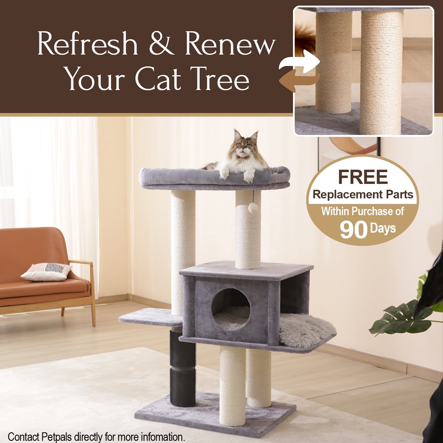 PetPals 57” Grand Maine Coon™ Cat Tree with Large Condo, Sisal Scratching Posts, Top Bed for Big Cats, Grey