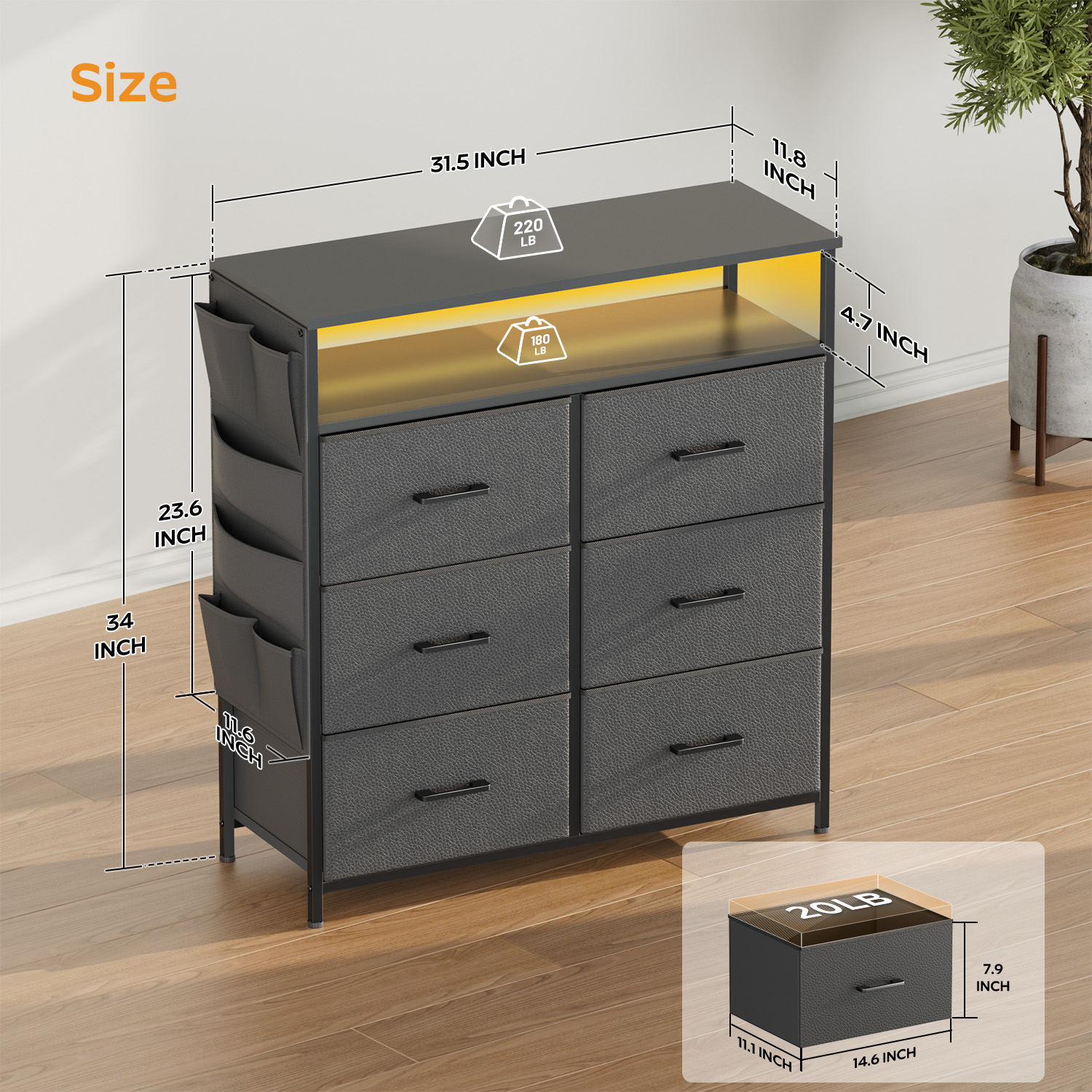 HLDIRECT Dresser for Bedroom with 6 Drawers, Fabric Chest of Drawers with Open Shelves & Side Storage Bags, Storage Cabinet with LED Lights for Living Room, Closet, Entryway, Gray