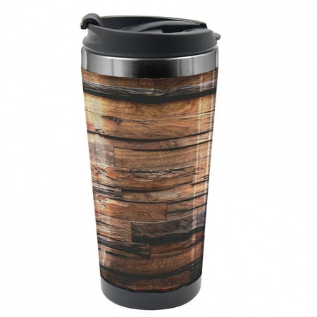 

Chocolate Travel Mug Rough Dark Timber Steel Thermal Cup 16 oz by Ambesonne